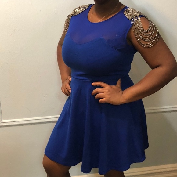Blue Dress With military style shoulde decoration - Picture 1 of 8